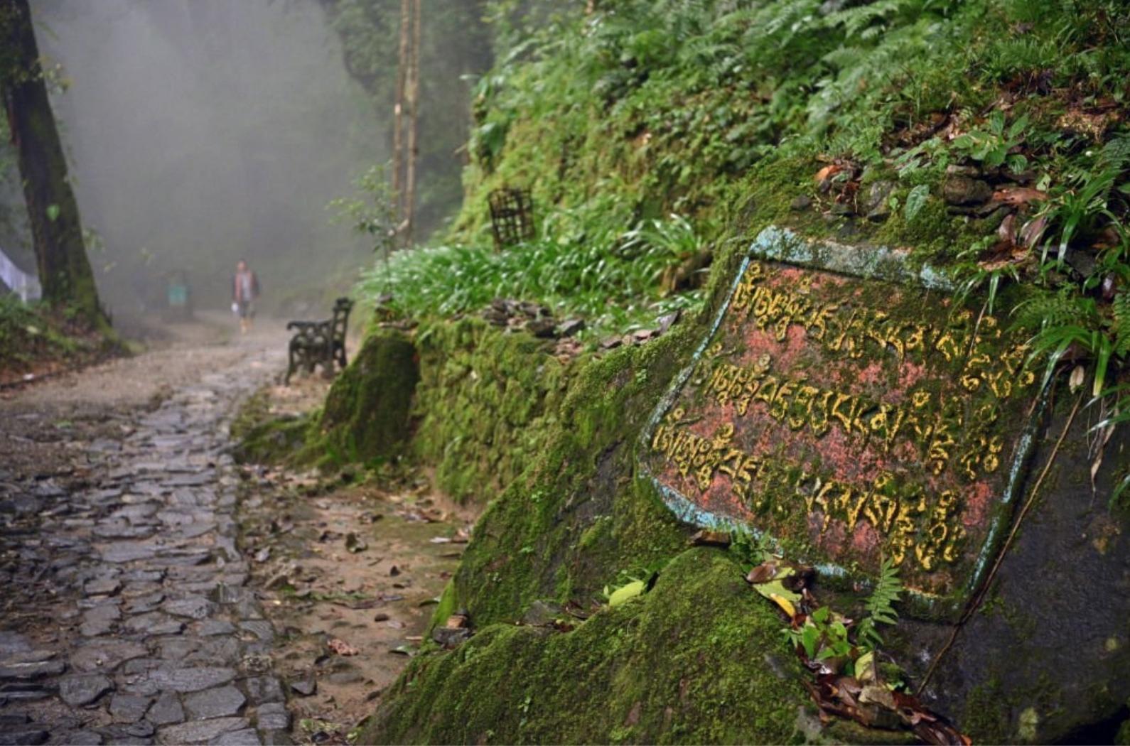 Buddhist text engraved on the rock on the way to Khecheopalri Lake in West Sikkim.