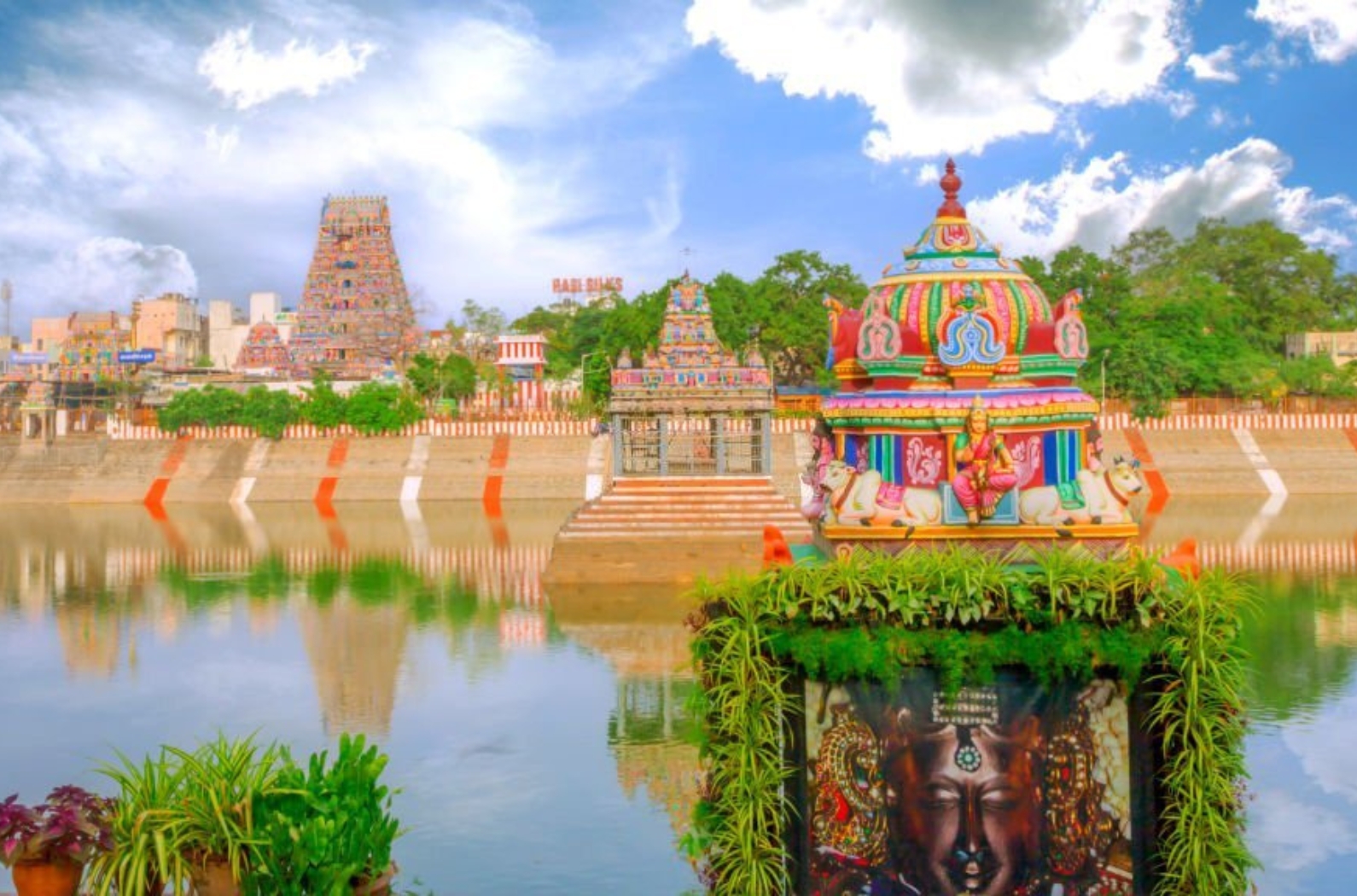 A Beautiful long shot of Gayetri Temple showing behind Sir Kapaleeshwarar Temple, Chennai, India.