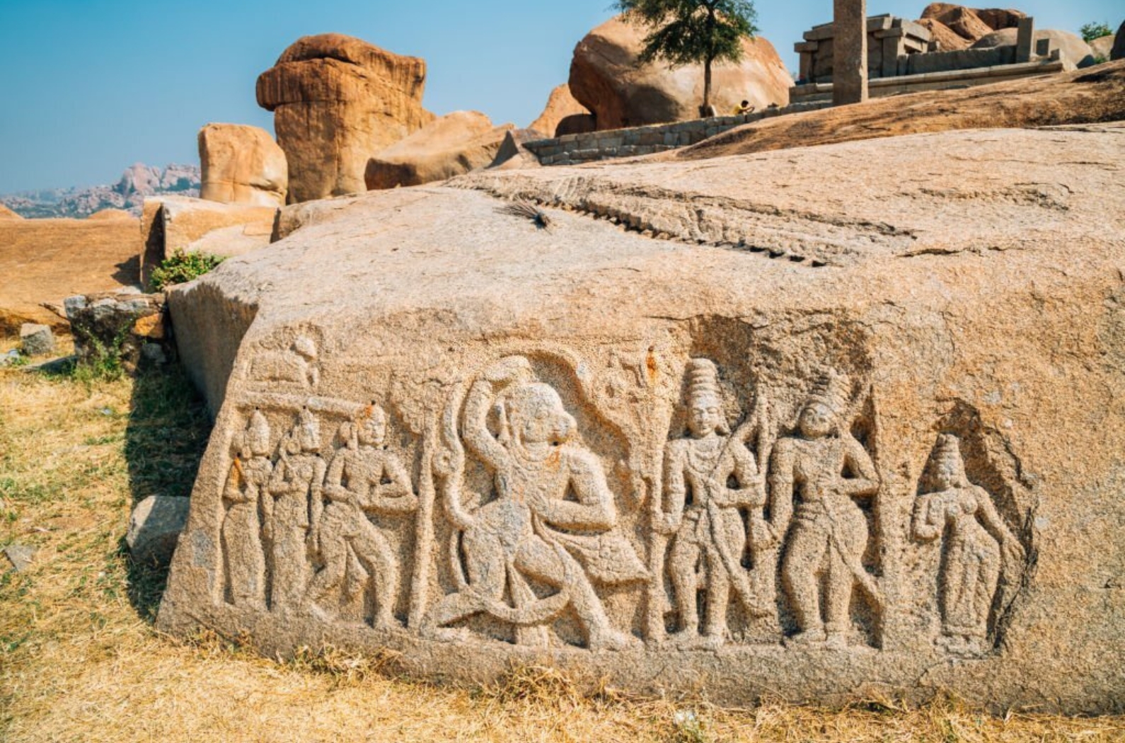 Ancient ruins in Hemakuta hill temple in Karnataka.