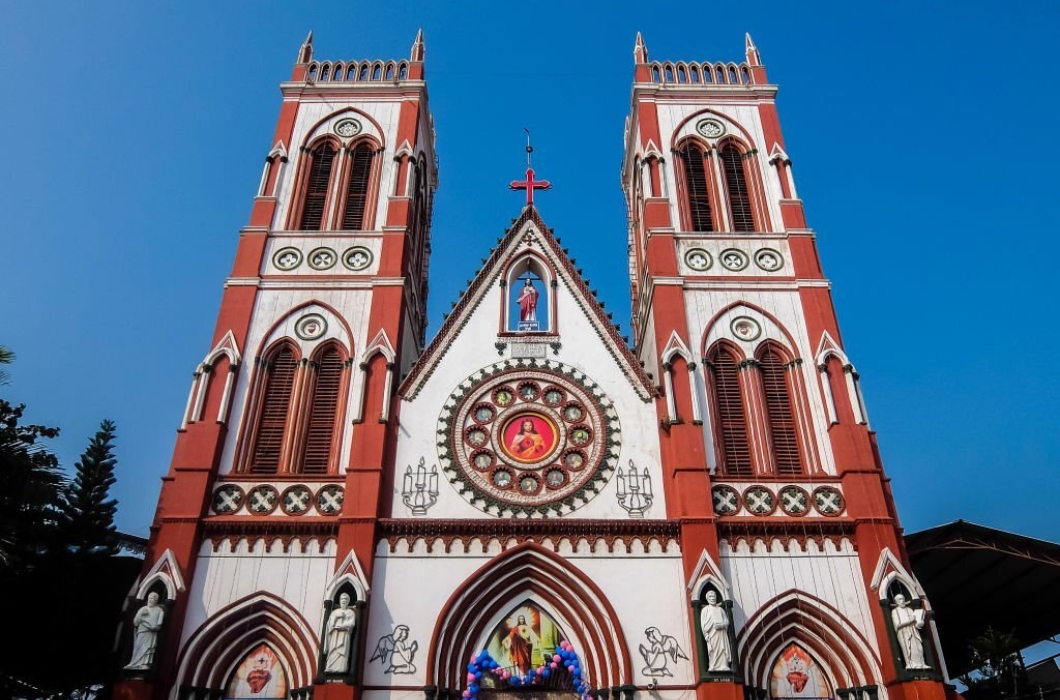 Facade of catholic church in Pondicherry (The Sacred Heart Basilica). Puducherry, India.