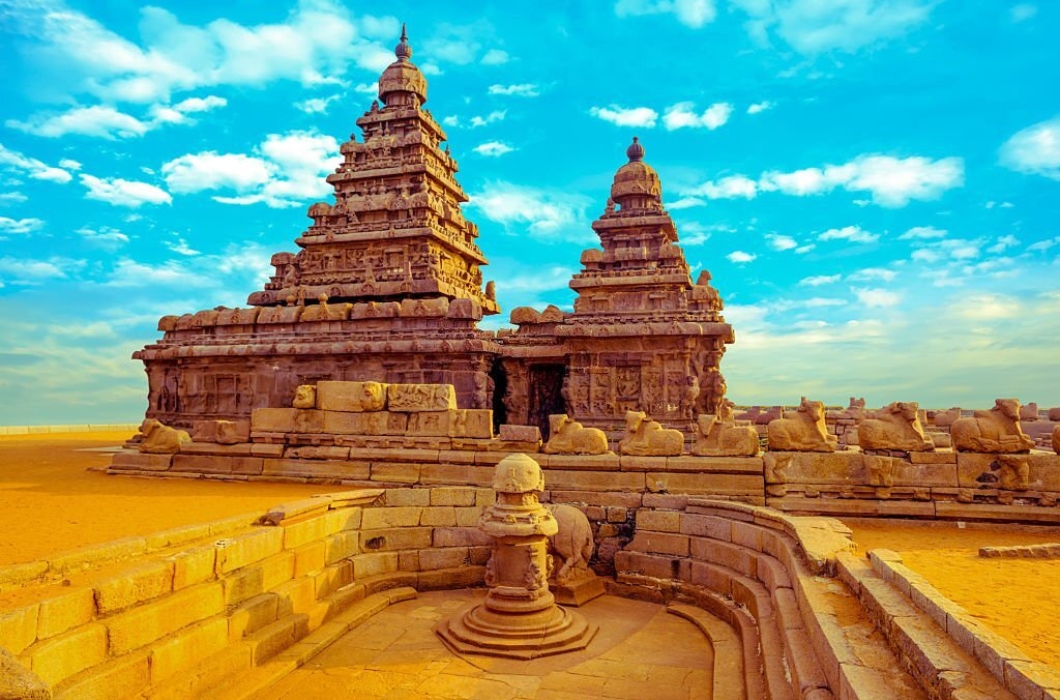 Fantastic art design of monolithic famous Shore Temple near Mahabalipuram, Tamil Nadu, India.
