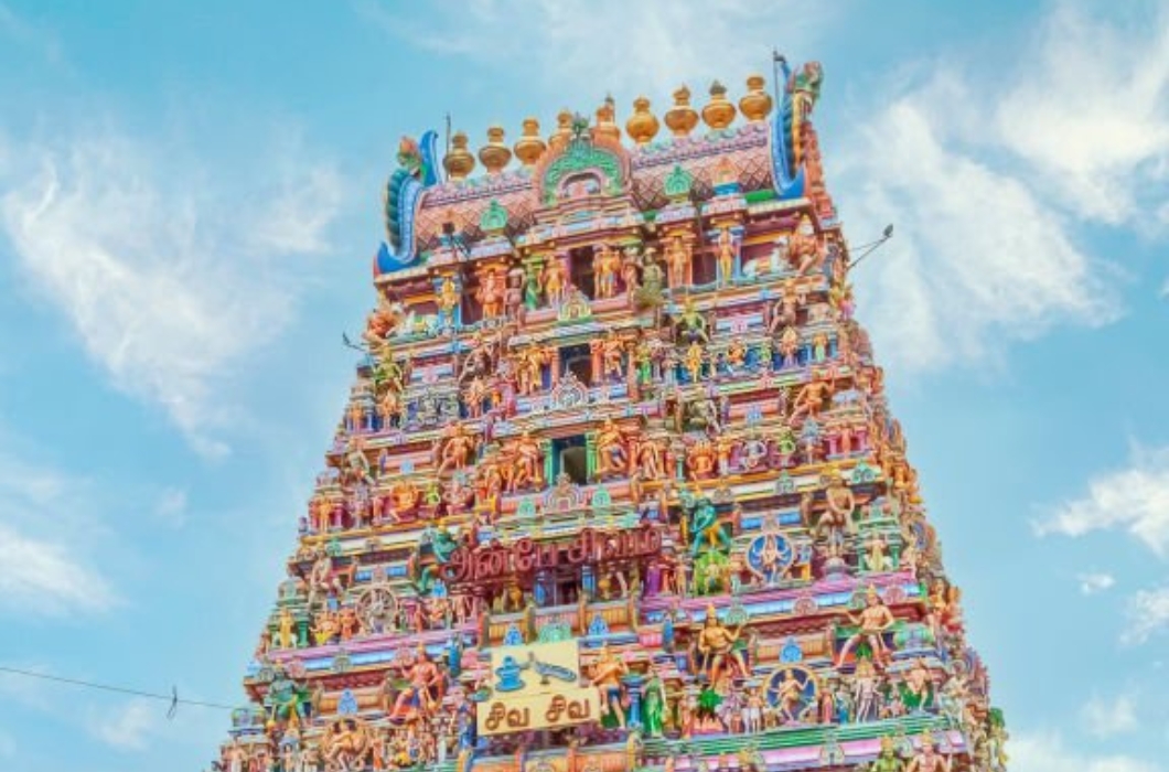 Front view of Sri Kapaleeshwarar Temple in India. Is a Hindu temple dedicated to lord Shiva located in Mylapore, Chennai, Tamil Nadu.