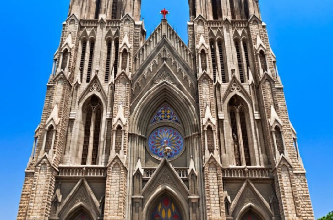Front view of St. Philomena's Church, Mysore, India.