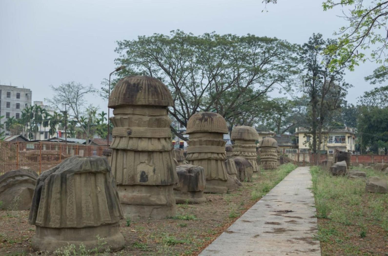 The domed stone pillars at the ancient Kachari ruins at the archaeological site in Dimapur in Nagaland.