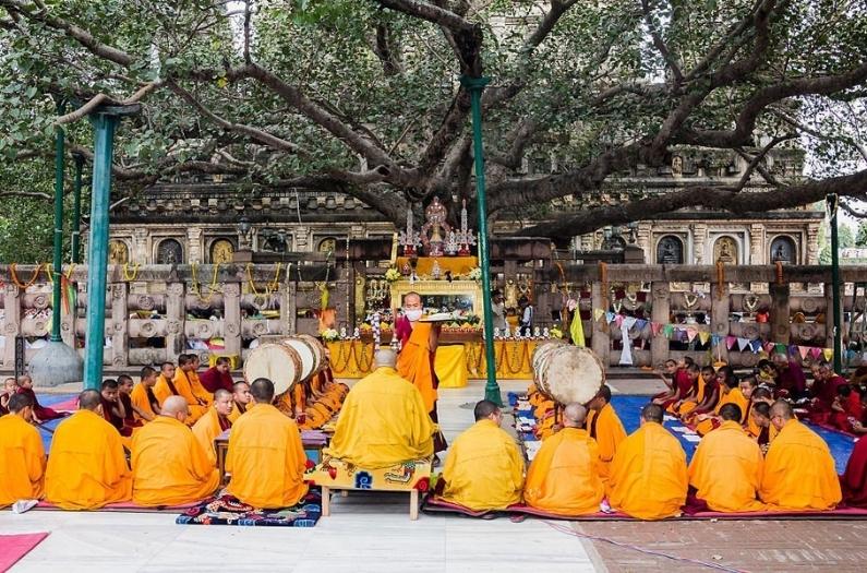 Tibetan monks are celebrating a ceremony beneath the bodhi tree, under which the buddha became enlightened.
