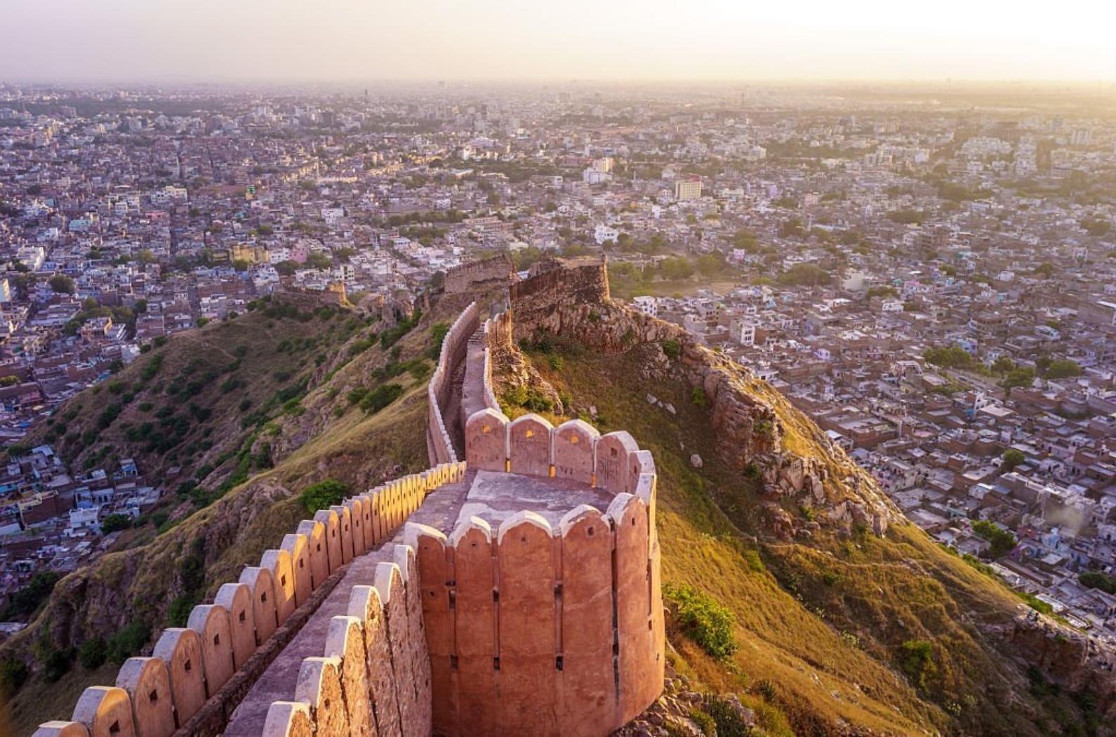 Aerial view of Jaipur from Nahargarh Fort at sunset.