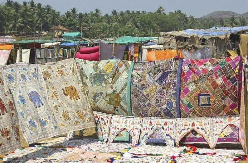 Anjuna Market in Goa and one of the fabric stalls.