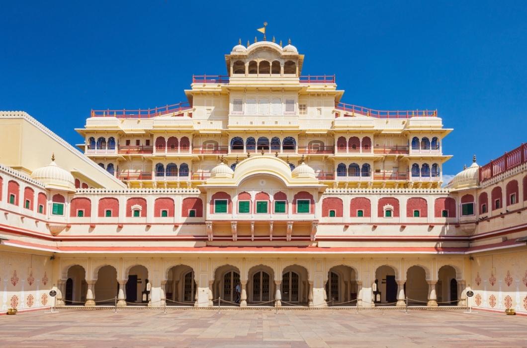 Beautiful front view of Chandra Mahal Palace (City Palace) in Jaipur, India.