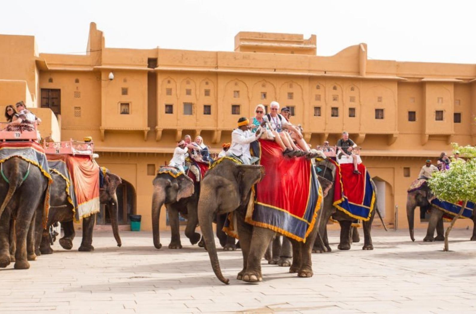 Elephants with their mahouts carrying tourists in the courtyard pf the Amber fort in Jaipur.