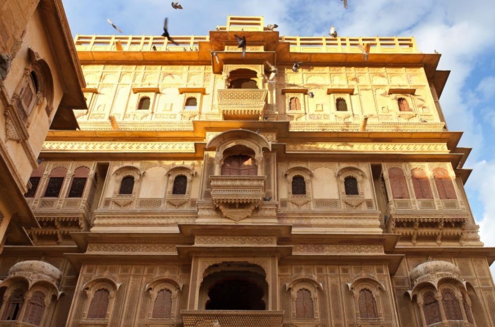 Exterior of ancient Patwon ki Haveli, also known as Patwa Haveli, Kothari's Haveli in Jaisalmer, Rajasthan state, India.