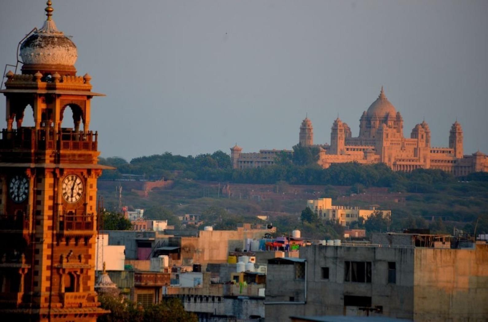 Glorious view of Jodhpur's clock tower and Umaid Bhavan Palace.