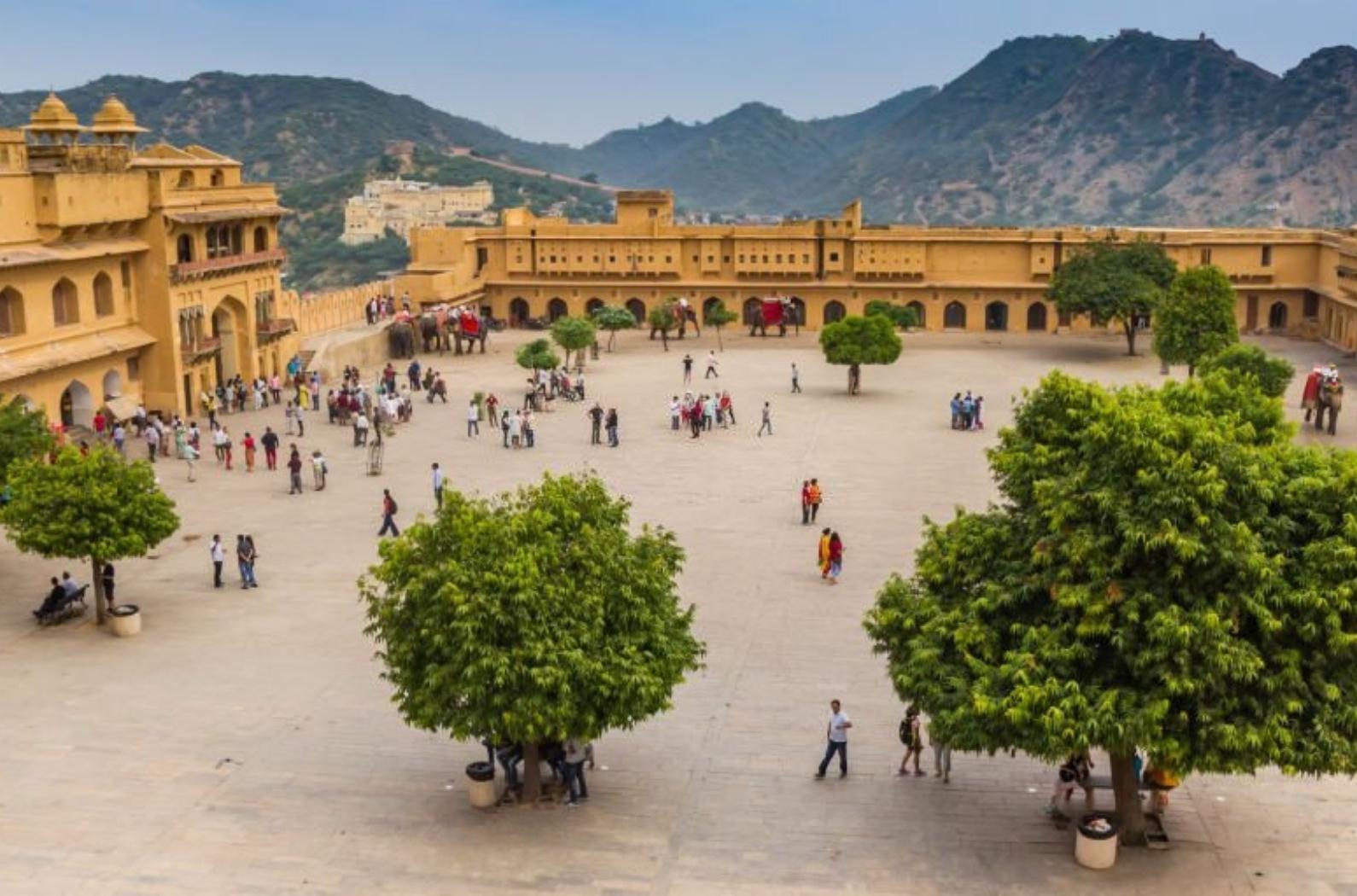 Panorama of the courtyard of the Amber Fort in Jaipur, India.