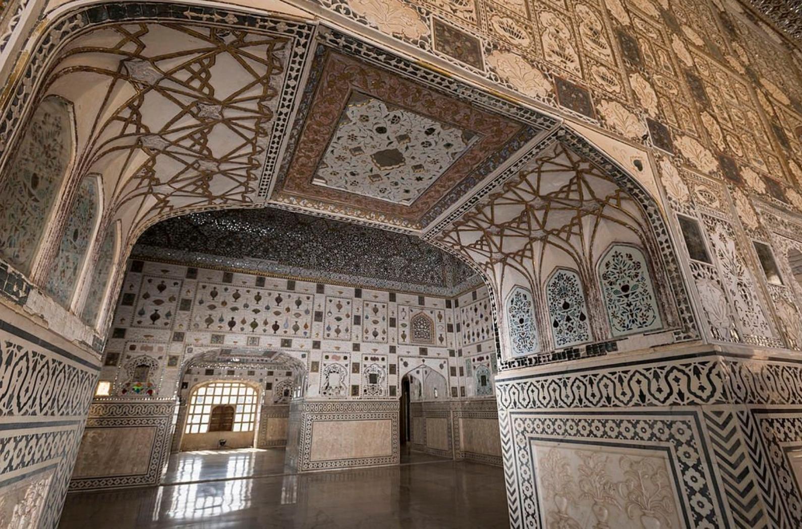 Sheesh Mahal, the mirror palace, is part of the private palaces of the Maharajas at Amber Fort.
