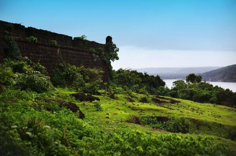 Stone old wall of Chapora fort.