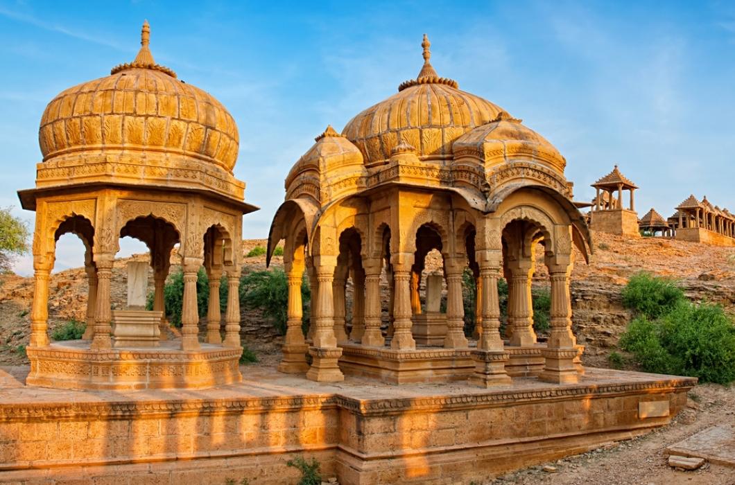The royal cenotaphs of historic rulers, also known as Jaisalmer Chhatris, at Bada Bagh in Jaisalmer.