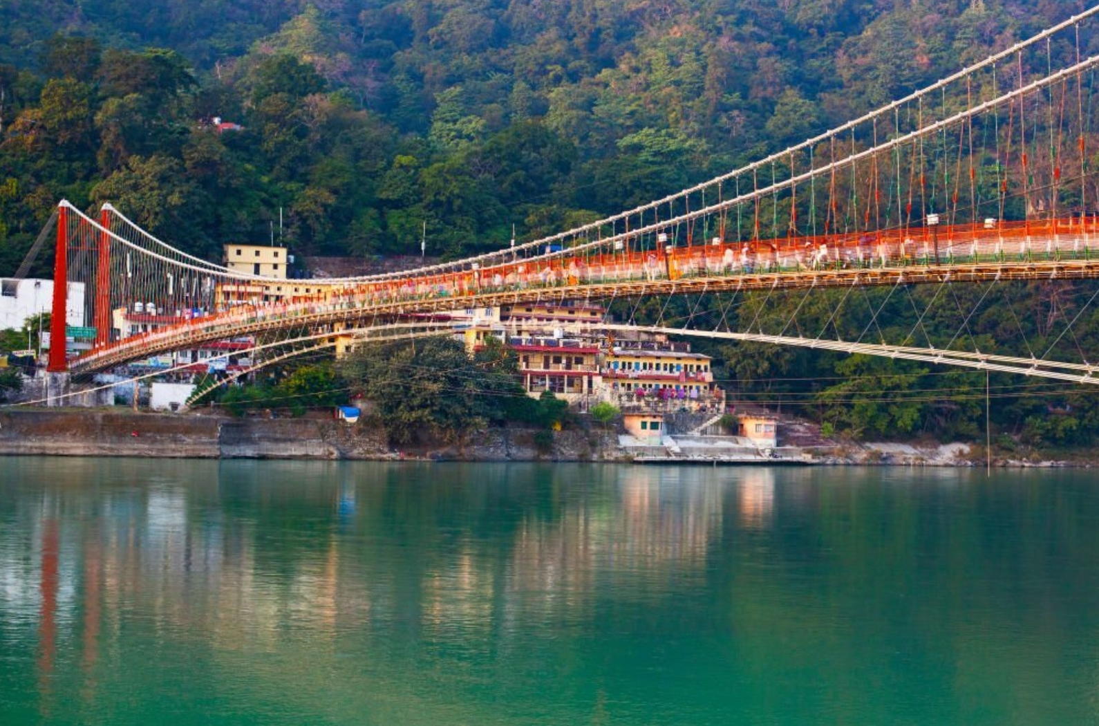 Beautiful Ram Jhula Bridge and Ganga river taken in Rishikesh, India.