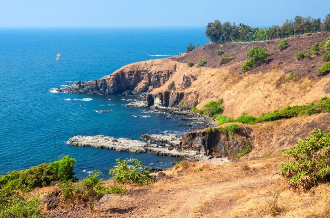 Beauty rocks on Sinquerim Beach aerial panoramic view. Its located near the Fort Aguada.