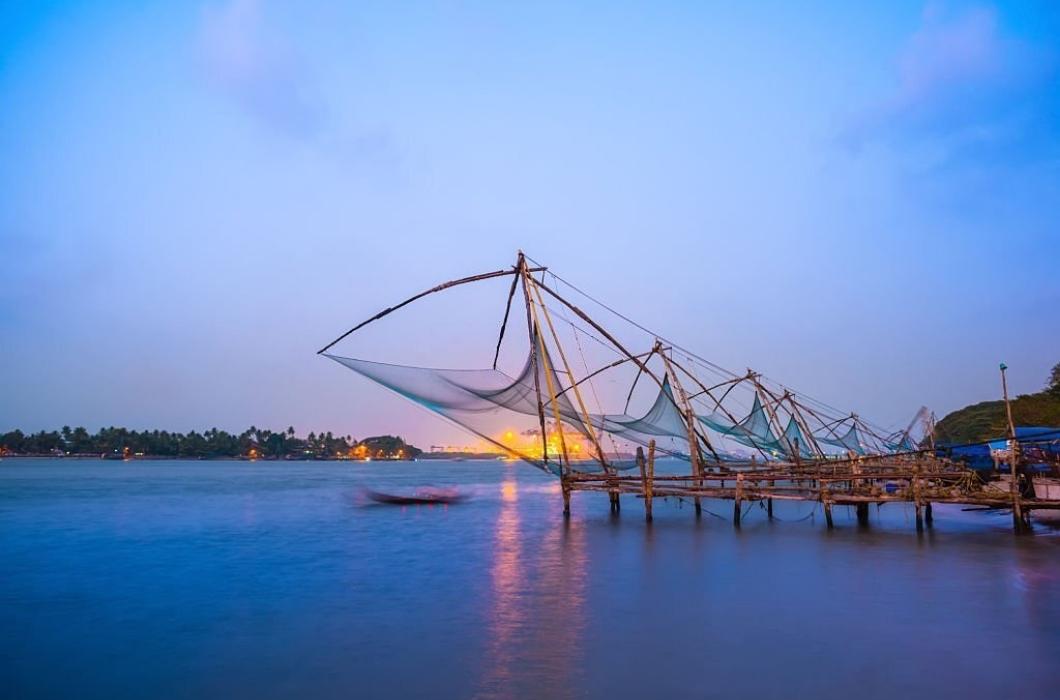 Kochi chinese fishnets in twilight, Kerala. Fort Kochi.
