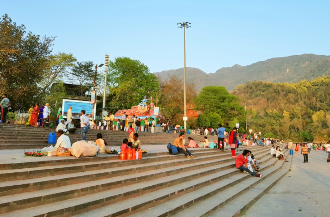Religious Triveni Ghat in Rishikesh where the popular prayer of River Ganga held daily in the evening.