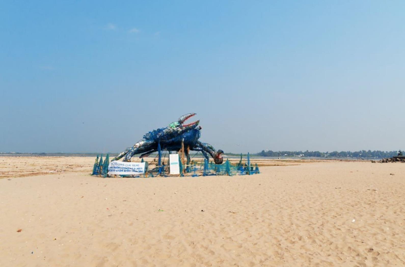 The Mad Crab on the beach, an installation art with Waste Plastics in Fort Kochi.