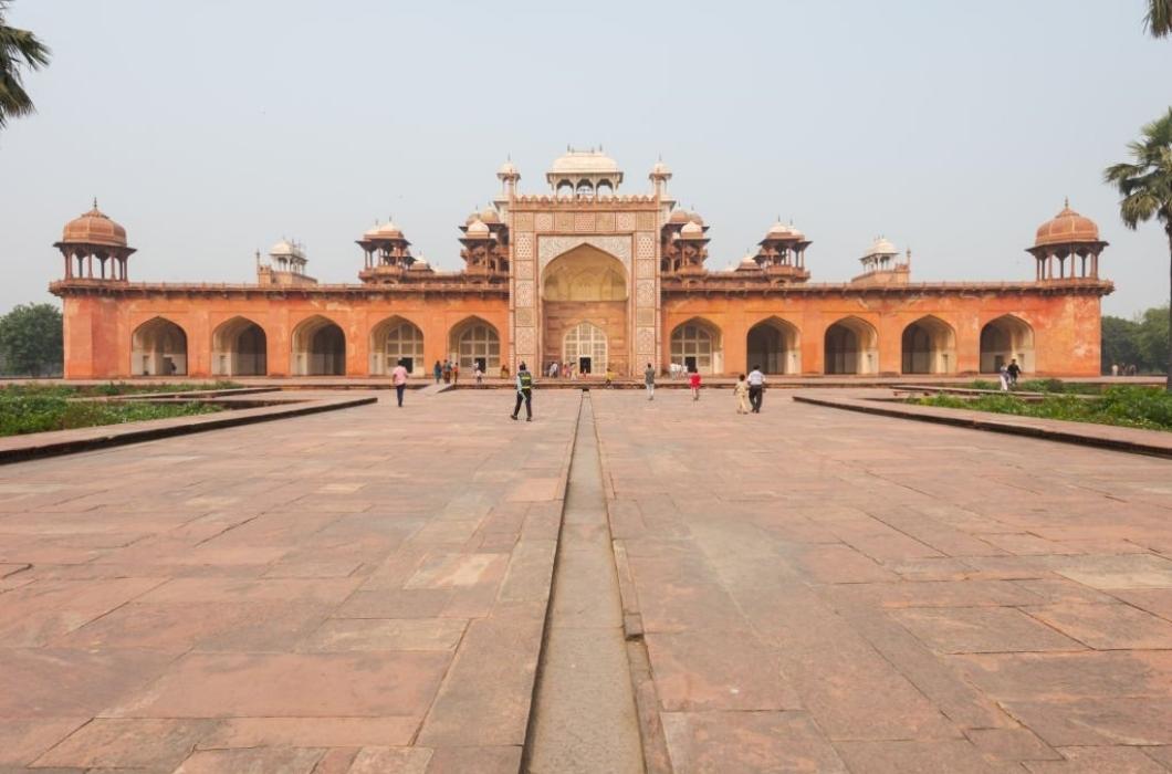 Frontal view of main Building of the tomb of Akbar the Great in Agra.