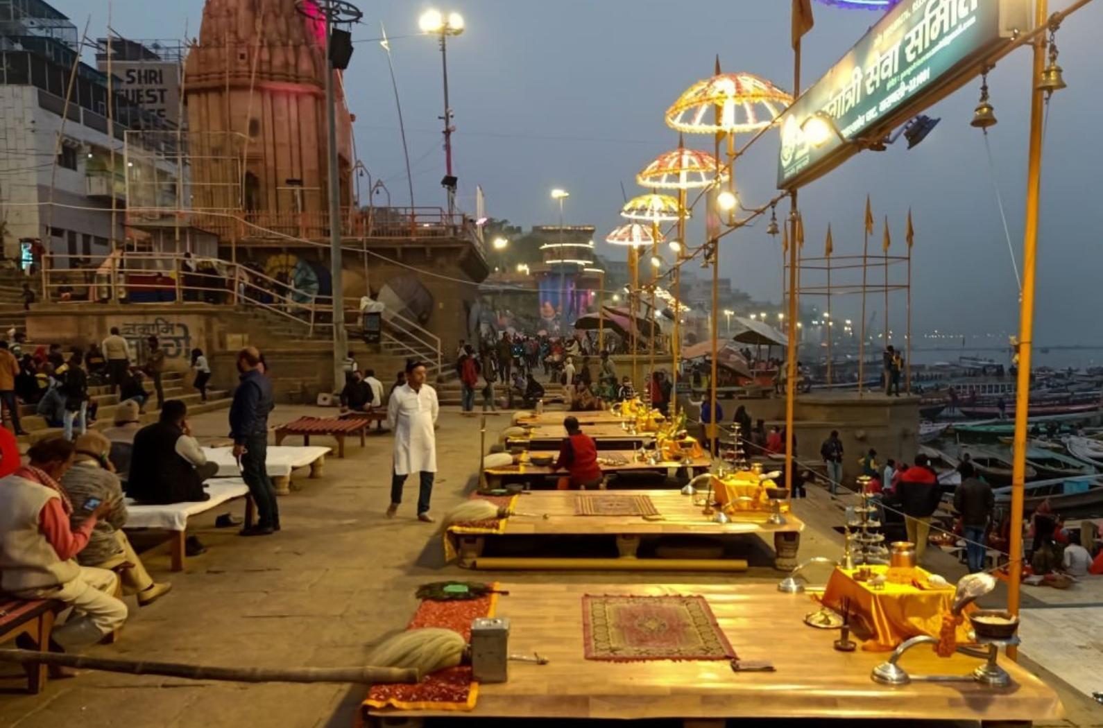 Ganga Arti rituals at ganga river bank performed by Hindu priests in Manikarnika Ghat.