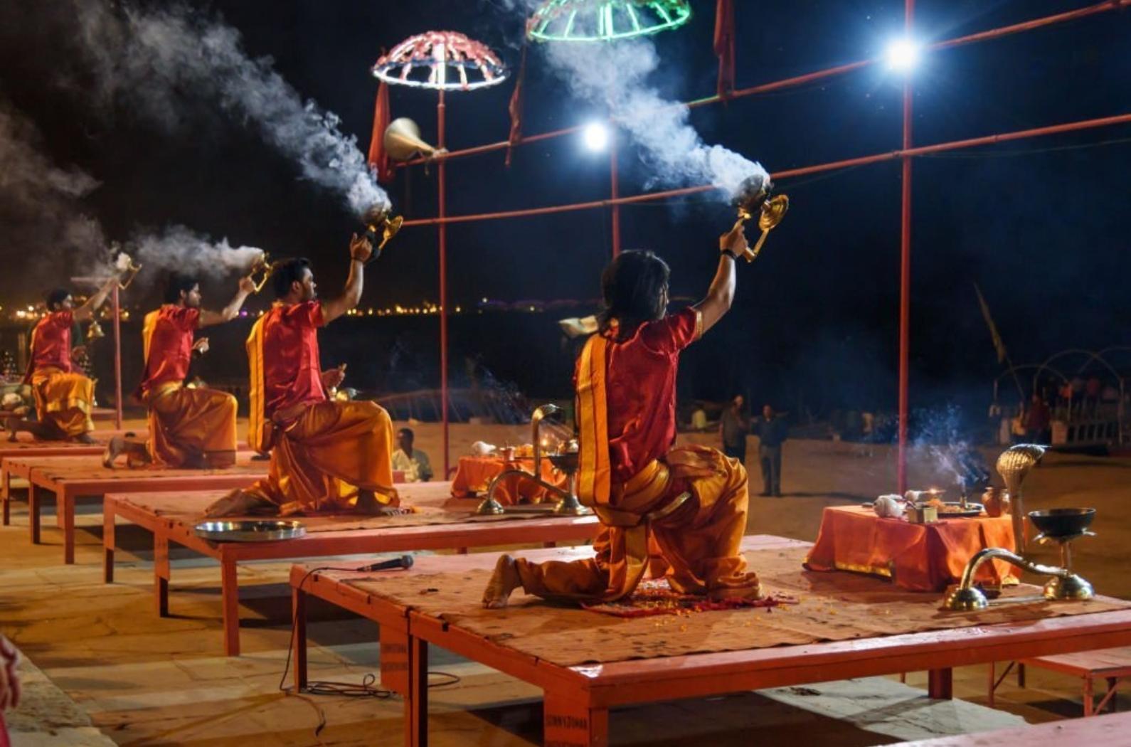 Ganga aarti ceremony rituals at Assi Ghat in Varanasi.