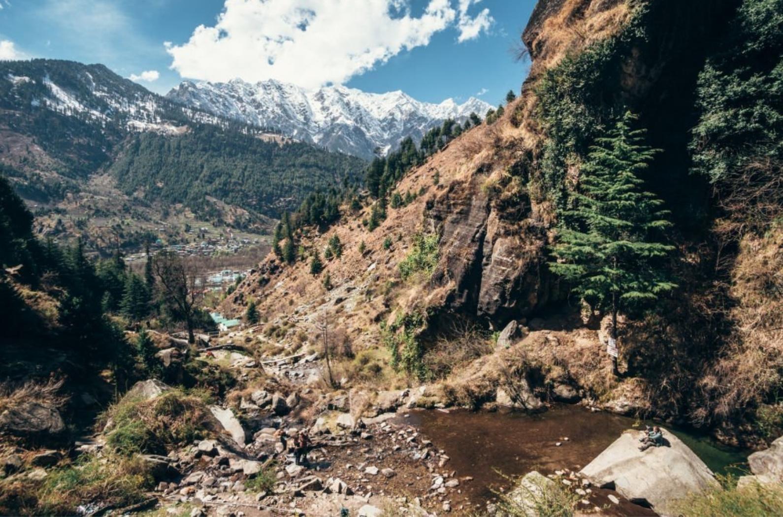 Jogini falls, nestled in the mountains of the Indian state of Himachal Pradesh near the northern end of the Kullu Valley.