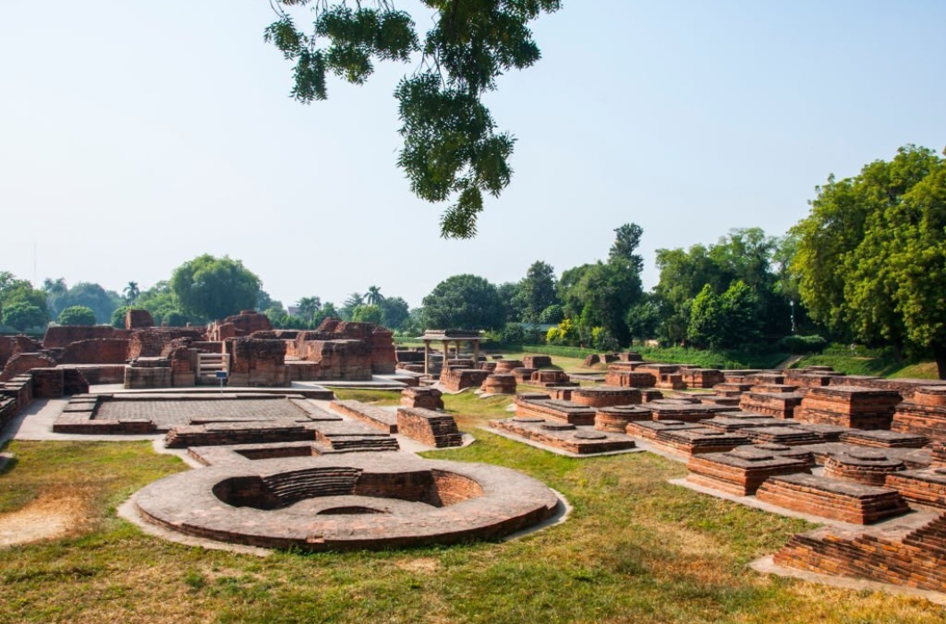 The excavated remains at the archaeological site of Sarnath campus near Dhamek Stupa.