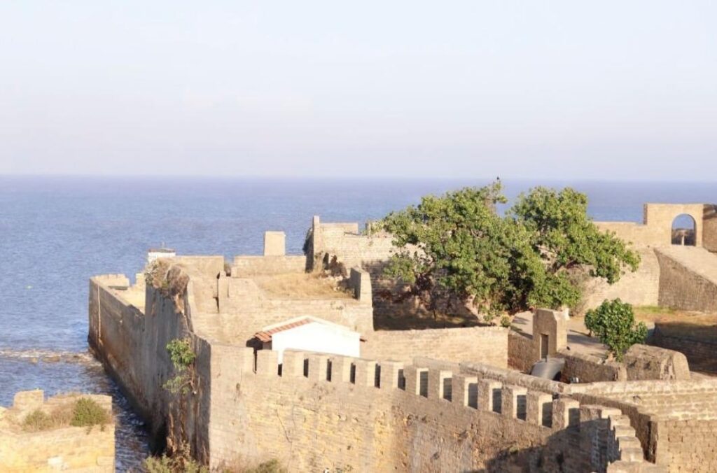 Beautiful landscape of sea and old heritage building, Bastion of Diu Fort. Walls of diu vintage fort is built by Portuguese, Daman and Diu, India