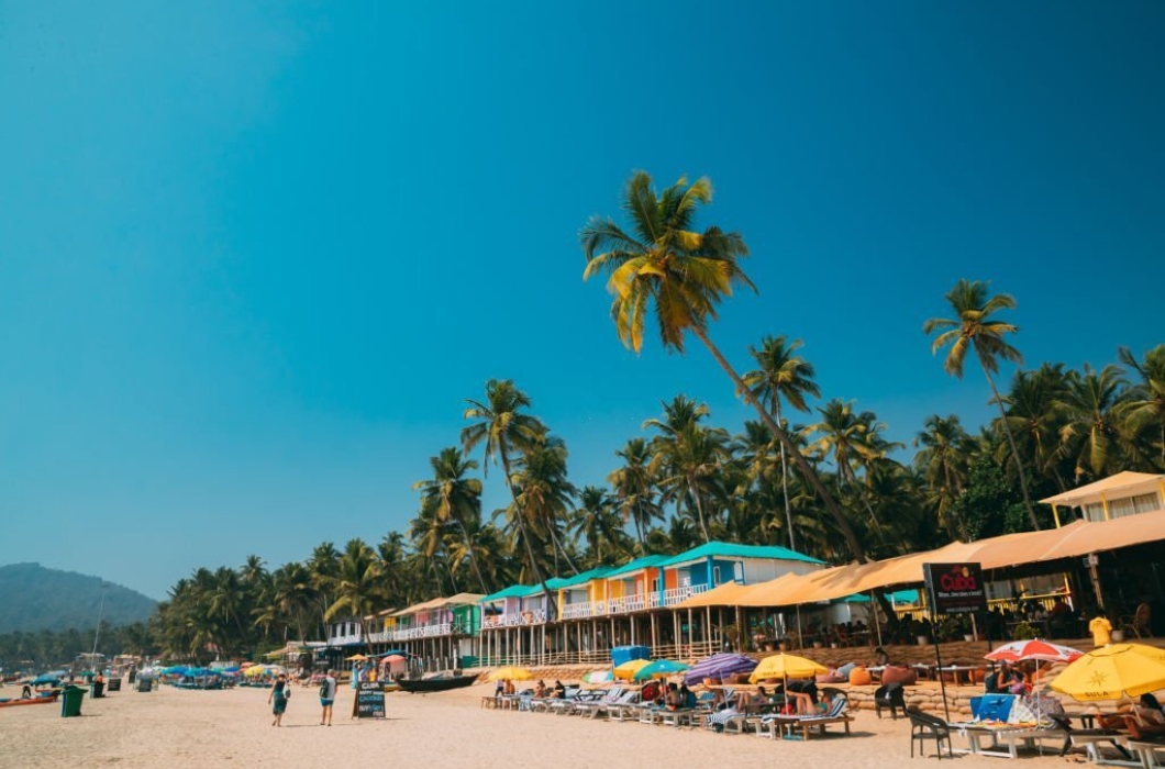 People Resting At Famous Palolem Beach In Summer Sunny Day. Canacona, Goa, INDIA.