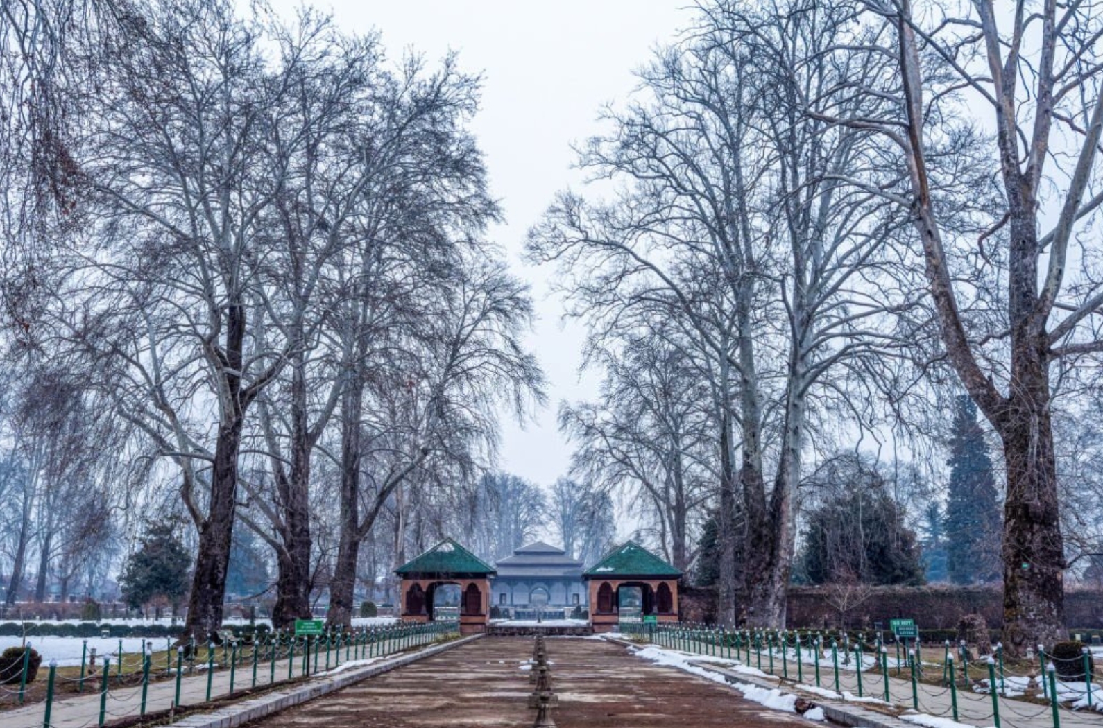 The snow covered view of Shalimar Bagh Mughal Garden during winter season, Srinagar, Kashmir, India.