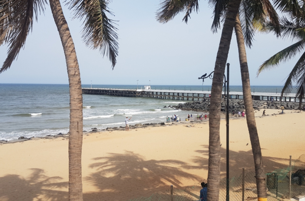 A typical rocky beach Promenade is one of the most famous beaches in Pondicherry. It is one of the long beach bordered with rocks by a long walkway.