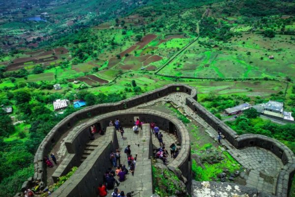 A top view of Lohagad, Pune, Maharashtra with the green background and different colors.